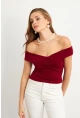 Kadın Bordo Madonna Yaka Crop Bluz VA101