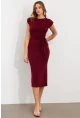 Kadın Bordo Vatkalı Kuşaklı Midi Elbise UG713