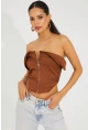 Kadın Bronz Fermuarlı Straplez Crop Bluz SF2502