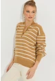 Kadın Camel Çizgili Triko Kazak SMT219