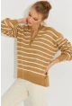 Kadın Camel Çizgili Triko Kazak SMT219