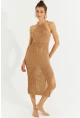 Kadın Camel Halter Yaka Ajurlu Midi Elbise SF2506