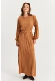 Kadın Camel Kemerli Plili Maxi Elbise ALZ500