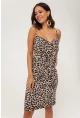 Kadın Camel Leopar Desenli Degaje Yaka Elbise LPP1130