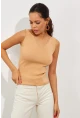 Kadın Camel Merdiven Yaka Triko Bluz YV83
