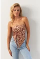 Kadın Camel Önü Büzgülü Leopar Crop Bluz MON137
