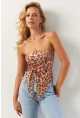 Kadın Camel Önü Büzgülü Leopar Crop Bluz MON137