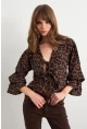 Kadın Camel-Siyah Bağlama Detaylı Leopar Gömlek FS9340