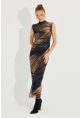 Kadın Camel-Siyah Desenli Maxi Tül Elbise RMZ21181