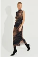 Kadın Camel-Siyah Desenli Maxi Tül Elbise RMZ21181