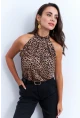 Kadın Camel-Siyah Halter Yaka LeoparDesenli Bluz LPP1273