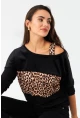 Kadın Camel-Siyah Kadife Bloklu Leopar Desenli Sweatshirt ST097