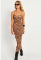 Kadın Camel-Siyah Leopar Askılı Maxi Yılbaşı Elbise GÇ184