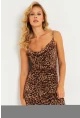 Kadın Camel-Siyah Leopar Desenli Astarlı Midi Yılbaşı Elbise GÇ180