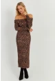 Kadın Camel-Siyah Leopar Madonna Midi Elbise RMZ21254