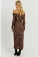Kadın Camel-Siyah Leopar Madonna Midi Elbise RMZ21254