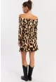 Kadın Camel-Siyah Madonna Yaka Leopar Mini Elbise EY2915