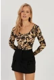 Kadın Camel-Siyah Ön Arka U Zebra Desenli Bluz LPP1266