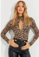 Kadın Camel-Siyah Önü Damla Leopar Desenli Bluz LPP1236