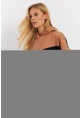 Kadın Camel-Siyah Renk Bloklu Kapüşonlu Sweatshirt DA148