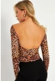 Kadın Camel-Siyah Sırtı Açık Leopar Desenli Bluz GÇ187