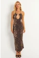 Kadın Camel-Siyah Sırtı Açık Leopar Midi Elbise MEN2060