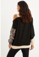 Kadın Camel-Siyah Tek Omuz Leopar Desen Bloklu Sweatshirt BK231066