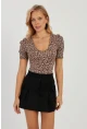 Kadın Camel-Siyah V Yaka Leopar Bluz LPP1263