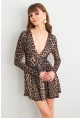 Kadın Camel-Siyah V Yaka Leopar Mini Elbise LİK17
