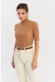 Kadın Camel Yarım Balıkçı Triko Bluz YV287