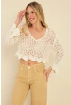 Kadın Ekru Ajurlu Triko Bluz MZU603