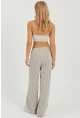 Kadın Ekru Çizgili Keten Pantolon Q986