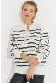 Kadın Ekru Çizgili Triko Kazak SMT219