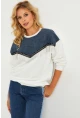 Kadın Ekru Denim Bloklu Sweatshirt PKA808