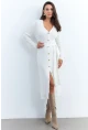 Kadın Ekru Düğme Detaylı Kuşaklı Midi Elbise MŞ1