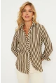 Kadın Ekru-Haki Çizgili Gömlek KED709