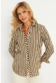 Kadın Ekru-Haki Çizgili Gömlek KED709