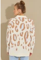 Kadın Ekru-Kahve Desenli Düğmeli Hırka KZ2495