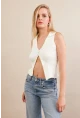 Kadın Ekru Polo Yaka Yumoş Yelek ZH050