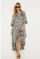 Kadın Ekru-Siyah Desenli Midi Elbise GÇ169