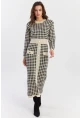 Kadın Ekru-Siyah Düğme Aksesuarlı Desenli Maxi Elbise NUV41