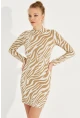 Kadın Ekru Zebra Desenli Mini Elbise AYD249