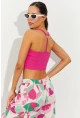Kadın Fuşya Sırtı Halkalı Kaşkorse Crop Bluz B2552