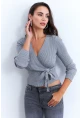 Kadın Gri Kruvaze Büzgülü Simli Bluz KED173