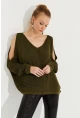 Kadın Haki Kolu Yırtmaçlı Triko Bluz SMT221