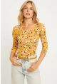 Kadın Hardal Çiçek Desenli Çıtçıtlı Body RK40