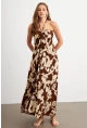 Kadın Kahverengi Büzgülü Desenli Midi Elbise KAB304