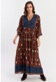 Kadın Kahverengi Desenli Dokuma Maxi Elbise ALO235