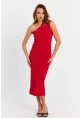 Kadın Kırmızı Düğme Aksesuarlı Kaşkorse Midi Elbise EY3081