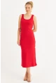 Kadın Kırmızı Düğme Detaylı Kaşkorse Midi Elbise EY2837